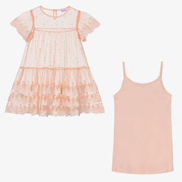 مايورال-فستان قطن مزين بدانتيل وتول لون زهري باهت | Childrensalon Outlet