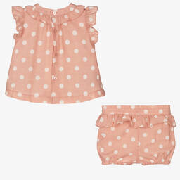 Mayoral-طقم شورت أطفال بناتي مزيج قطن منقط لون زهري وأبيض | Childrensalon Outlet