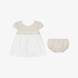 Mayoral Для новорожденных-Платье из мягкого бежевого и кремового льна для девочек | Childrensalon Outlet