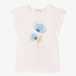 Mayoral-Мягкая кремовая и синяя футболка с цветочным узором для девочек | Childrensalon Outlet