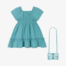Mayoral-Платье из хлопка цвета бирюзы и сумка для девочек | Childrensalon Outlet