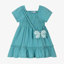 Mayoral-Платье из хлопка цвета бирюзы и сумка для девочек | Childrensalon Outlet
