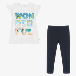 Mayoral-Girls White & Blue Cotton Leggings Set | Childrensalon Outlet