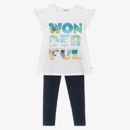 Mayoral-Girls White & Blue Cotton Leggings Set | Childrensalon Outlet