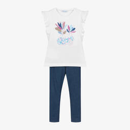 Mayoral-Girls White & Blue Cotton Leggings Set | Childrensalon Outlet