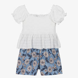 Mayoral-Girls White & Blue Floral Shorts Set | Childrensalon Outlet