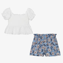 Mayoral-Girls White & Blue Floral Shorts Set | Childrensalon Outlet
