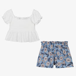 Mayoral-Girls White & Blue Floral Shorts Set | Childrensalon Outlet