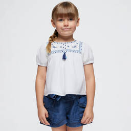 Mayoral-بلوزة قطن مطرز لون أبيض للبنات | Childrensalon Outlet