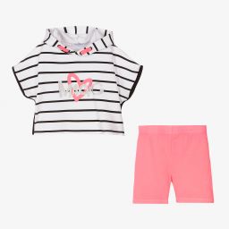 مايورال-طقم شورت قطن جيرسي لون أبيض وزهري للبنات | Childrensalon Outlet