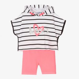 مايورال-طقم شورت قطن جيرسي لون أبيض وزهري للبنات | Childrensalon Outlet