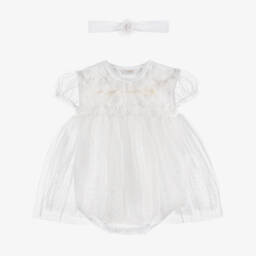 Mayoral Newborn-Girls White Sparkle Tulle Dress Ensemble | Childrensalon Outlet