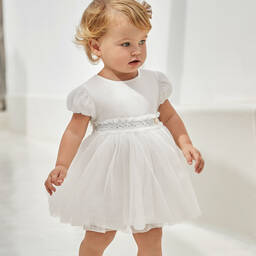 مايورال-فستان أطفال بناتي مزيج قطن وتول منقط لون أبيض | Childrensalon Outlet