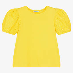 Mayoral-Girls Yellow Cotton Puff Sleeve T-Shirt | Childrensalon Outlet