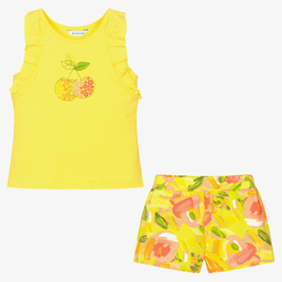 Mayoral-طقم شورت قطن مستدام لون أصفر بطبعة ورود للبنات | Childrensalon Outlet