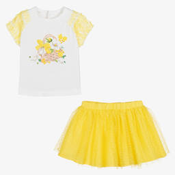 Mayoral-Girls Yellow & White Cotton Skirt Set | Childrensalon Outlet