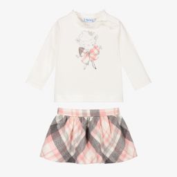 Mayoral-طقم تنورة قطن وصوف كاروهات لون رمادي وزهري | Childrensalon Outlet