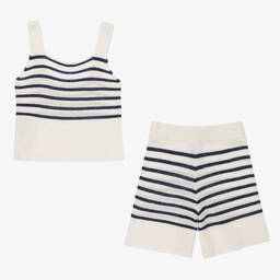 Mayoral-طقم شورت قطن وفيسكوز محبوك مقلم لون عاجي وكحلي | Childrensalon Outlet