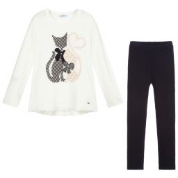 Mayoral-ليغنغز وتوب مزيج أكريليك وصوف محبوك لون عاجي وكحلي | Childrensalon Outlet