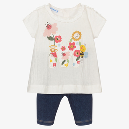 مايورال-طقم ليغنغز أطفال بناتي قطن جيرسي لون عاجي وأزرق | Childrensalon Outlet