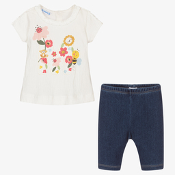 مايورال-طقم ليغنغز أطفال بناتي قطن جيرسي لون عاجي وأزرق | Childrensalon Outlet