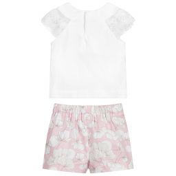 Mayoral-طقم شورت وتوب قطن لون عاجي وزهري بطبعة ورود | Childrensalon Outlet