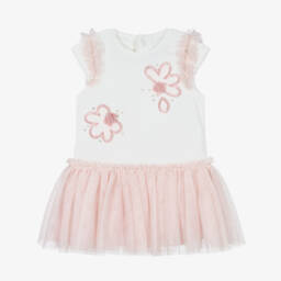 Mayoral-Little Girls Cream & Pink Tulle Gown | Childrensalon Outlet