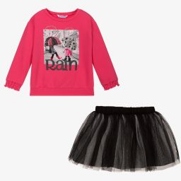 مايورال-طقم تنورة قطن جيرسي وتول لون زهري وأسود | Childrensalon Outlet