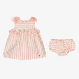 مايورال Newborn-طقم فستان مزيج كتان وقطن مقلم لون زهري وعاجي | Childrensalon Outlet