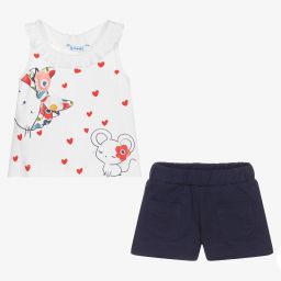 مايورال-طقم شورت أطفال بناتي قطن لون أبيض وكحلي | Childrensalon Outlet