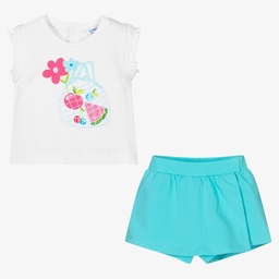 Mayoral-Белый топ и голубые шорты из хлопка | Childrensalon Outlet