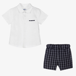 Mayoral-طقم شورت أطفال ولادي مزيج قطن وكتان لون أبيض وكحلي | Childrensalon Outlet