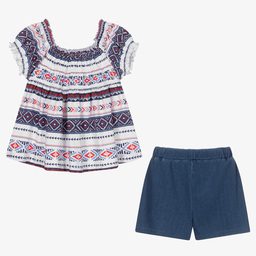 مايورال-طقم شورت وتوب قطن لون أبيض وأزرق للبنات | Childrensalon Outlet