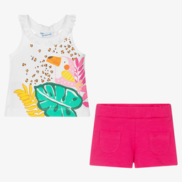 مايورال-طقم شورت أطفال بناتي قطن جيرسي لون أبيض وزهري فوشيا | Childrensalon Outlet