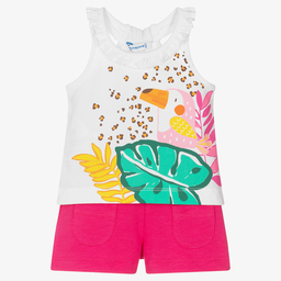 مايورال-طقم شورت أطفال بناتي قطن جيرسي لون أبيض وزهري فوشيا | Childrensalon Outlet