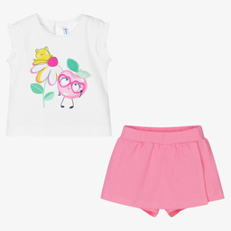 Mayoral-Белый топ и розовые шорты из хлопка | Childrensalon Outlet