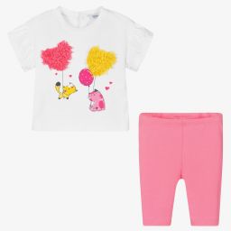 مايورال-طقم ليغنغز أطفال بناتي قطن جيرسي لون أبيض وزهري | Childrensalon Outlet