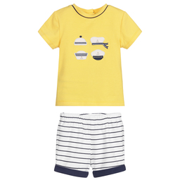 مايورال-شورت وتوب قطن جيرسي لون أصفر، أبيض وكحلي للمواليد | Childrensalon Outlet