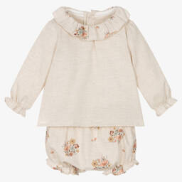 Mebi-Baby Girls Beige Cotton Shorts Set | Childrensalon Outlet