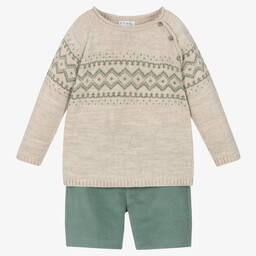 Mebi-Boys Beige & Green Shorts Set | Childrensalon Outlet