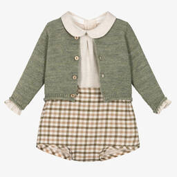 Mebi-Boys Beige & Green Shorts Set | Childrensalon Outlet