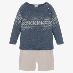 Mebi-Boys Blue & Beige Corduroy Shorts Set | Childrensalon Outlet