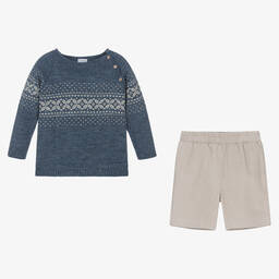 Mebi-Boys Blue & Beige Corduroy Shorts Set | Childrensalon Outlet
