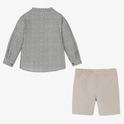 Mebi-Boys Blue Check Shirt & Beige Shorts | Childrensalon Outlet