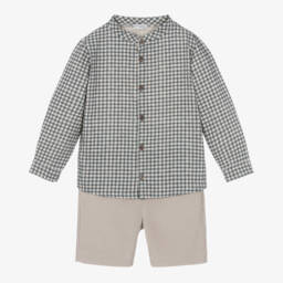 Mebi-Boys Blue Check Shirt & Beige Shorts | Childrensalon Outlet