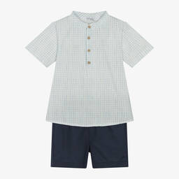 Mebi-Boys Blue Cotton Gingham Shorts Set | Childrensalon Outlet