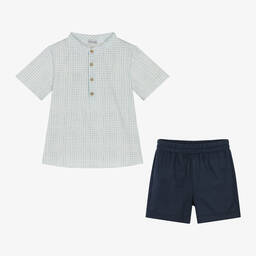 Mebi-Boys Blue Cotton Gingham Shorts Set | Childrensalon Outlet