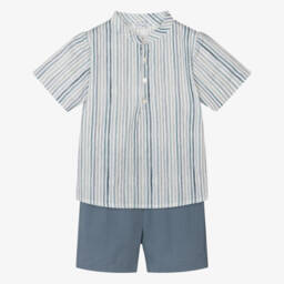Mebi-Boys Blue Linen Blend Striped Ensemble | Childrensalon Outlet