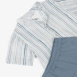 Mebi-Boys Blue Linen Blend Striped Ensemble | Childrensalon Outlet