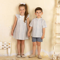 Mebi-Boys Blue Linen Blend Striped Ensemble | Childrensalon Outlet